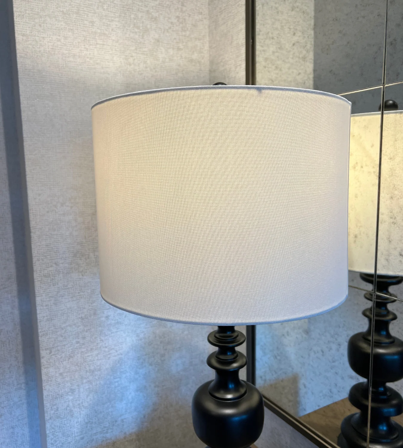 Black Turned Wood Style Lamp with Linen Shade - Image 5