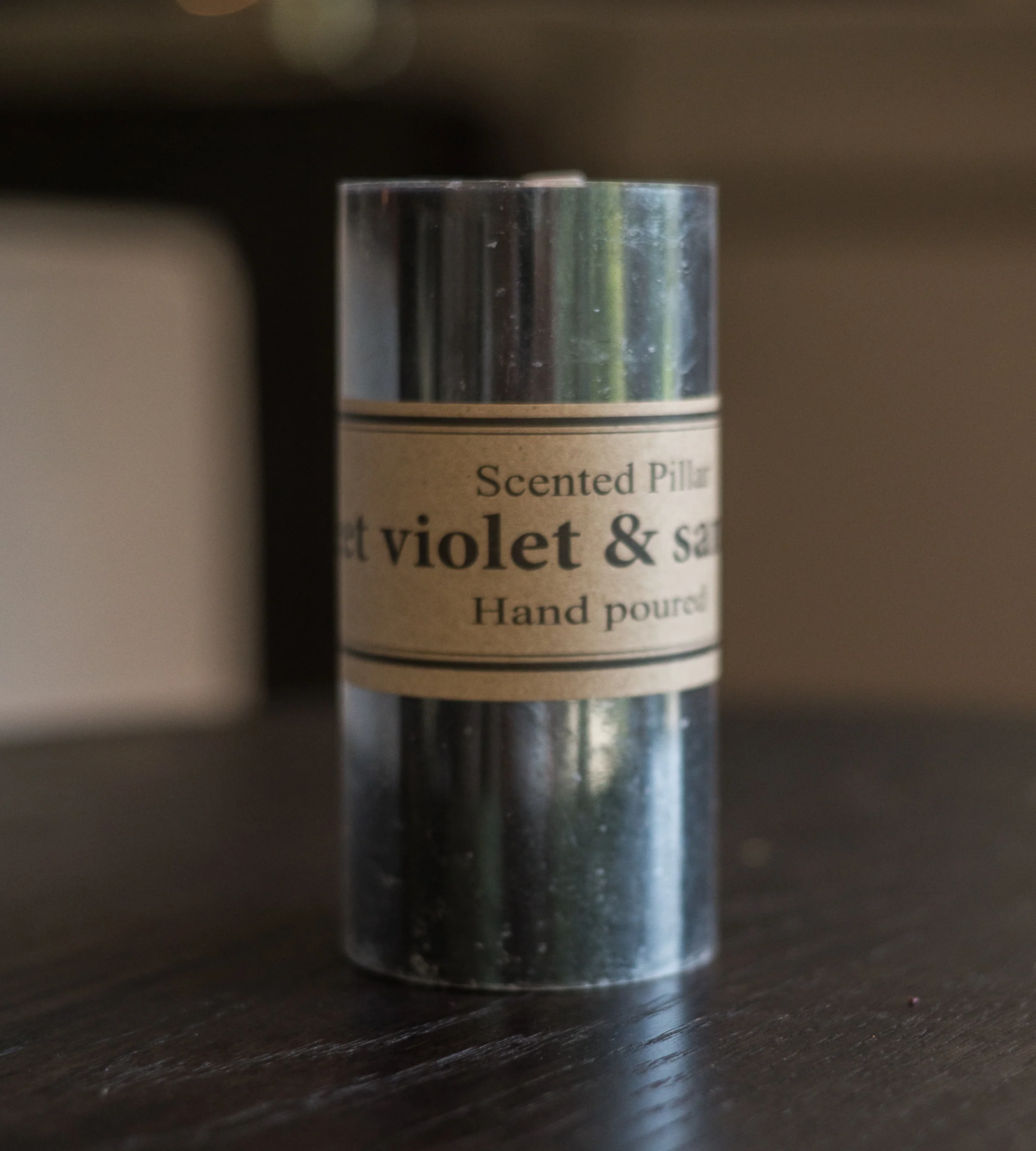 Black Violet and Sandalwood Pillar Candle - Image 2