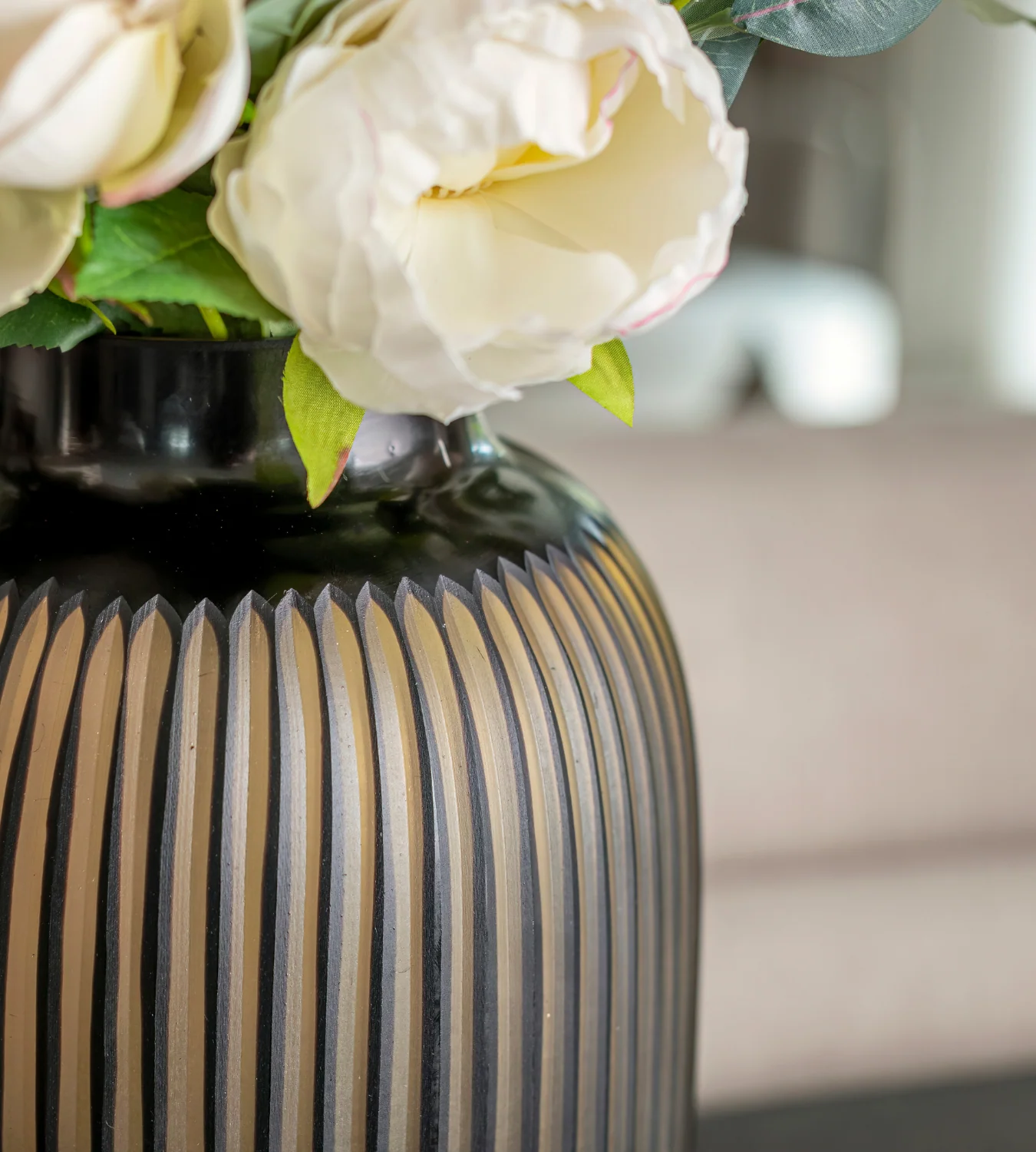 Large Hand Blown Amber Glass Ribbed Vase - Image 3