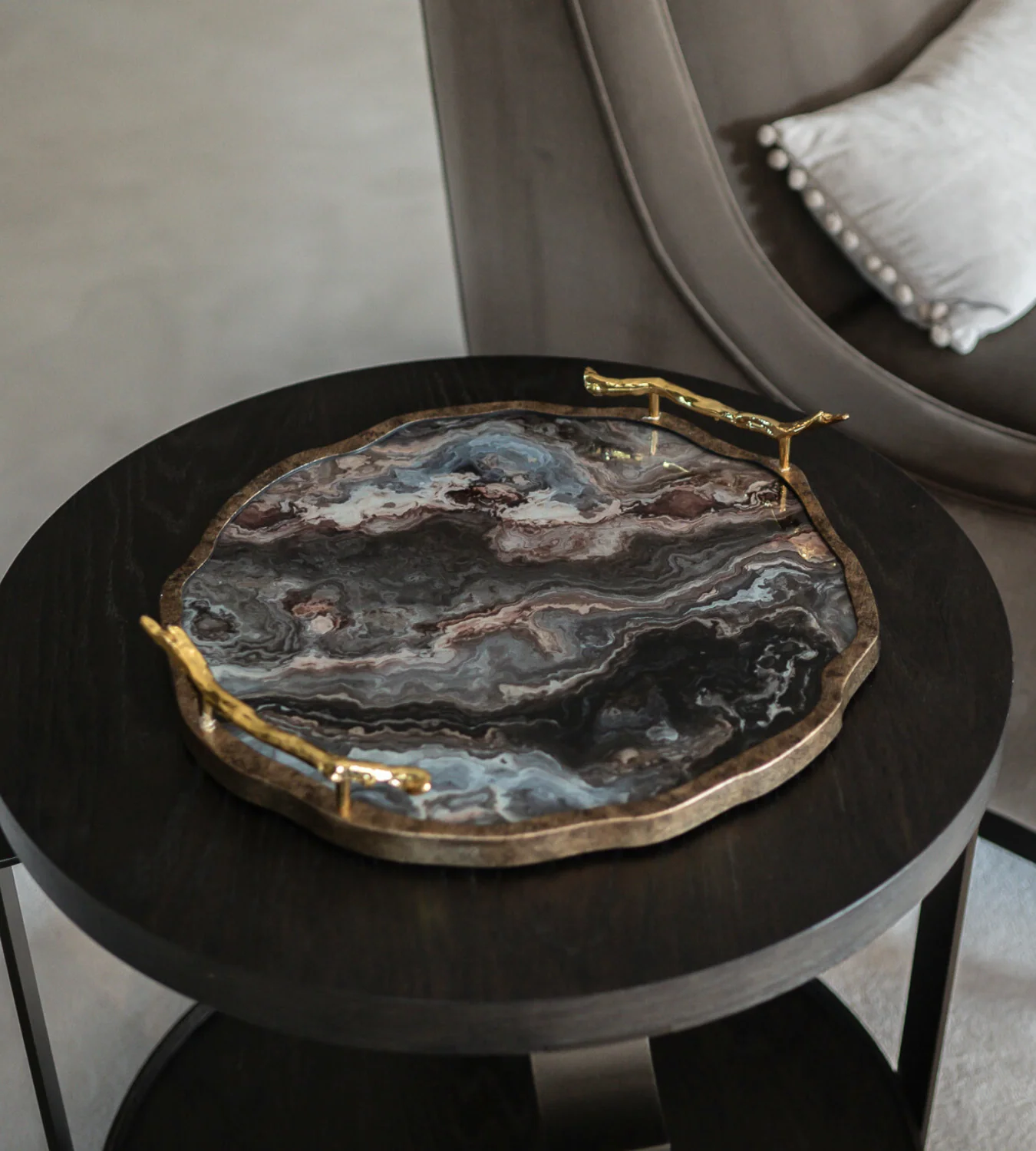 Marble Effect Flat Tray with Gold Handles