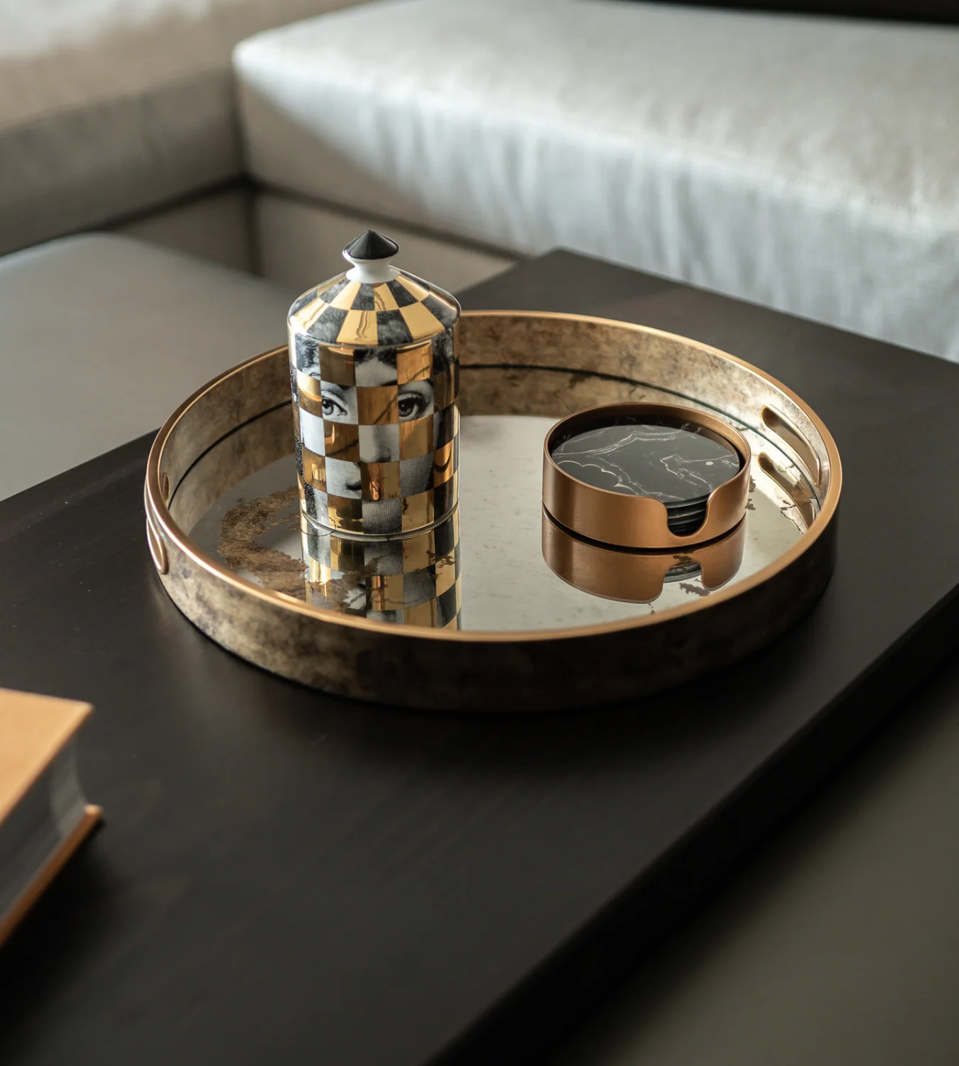 Round Marble Effect Mirrored Bronze Tray - Image 4