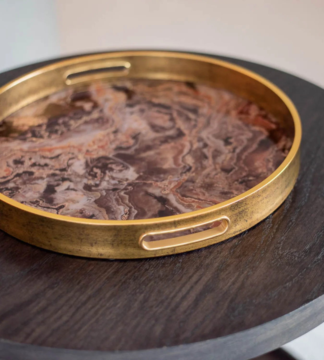 Round Marble Effect Gold & Copper Tray - Image 3